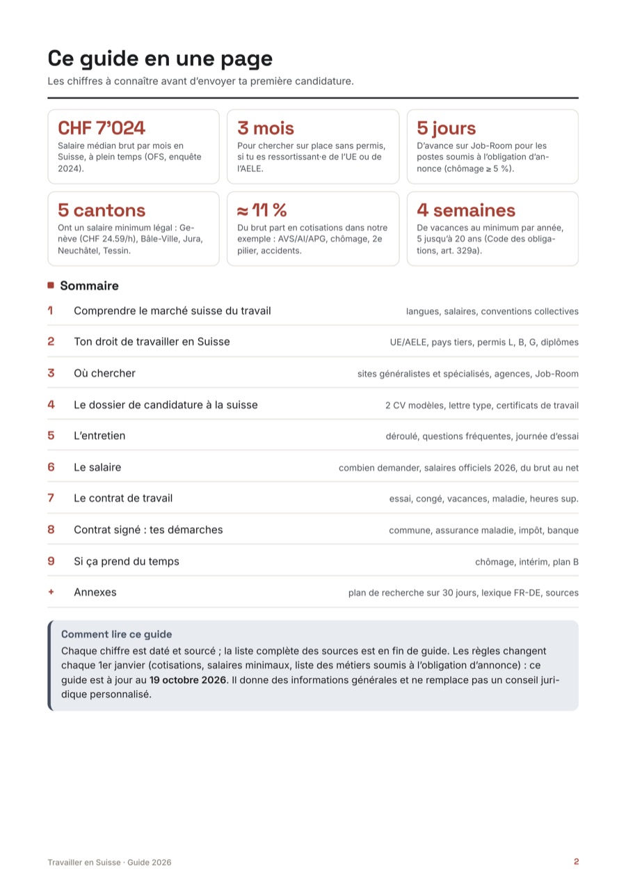 Page 1 du guide Travailler en Suisse